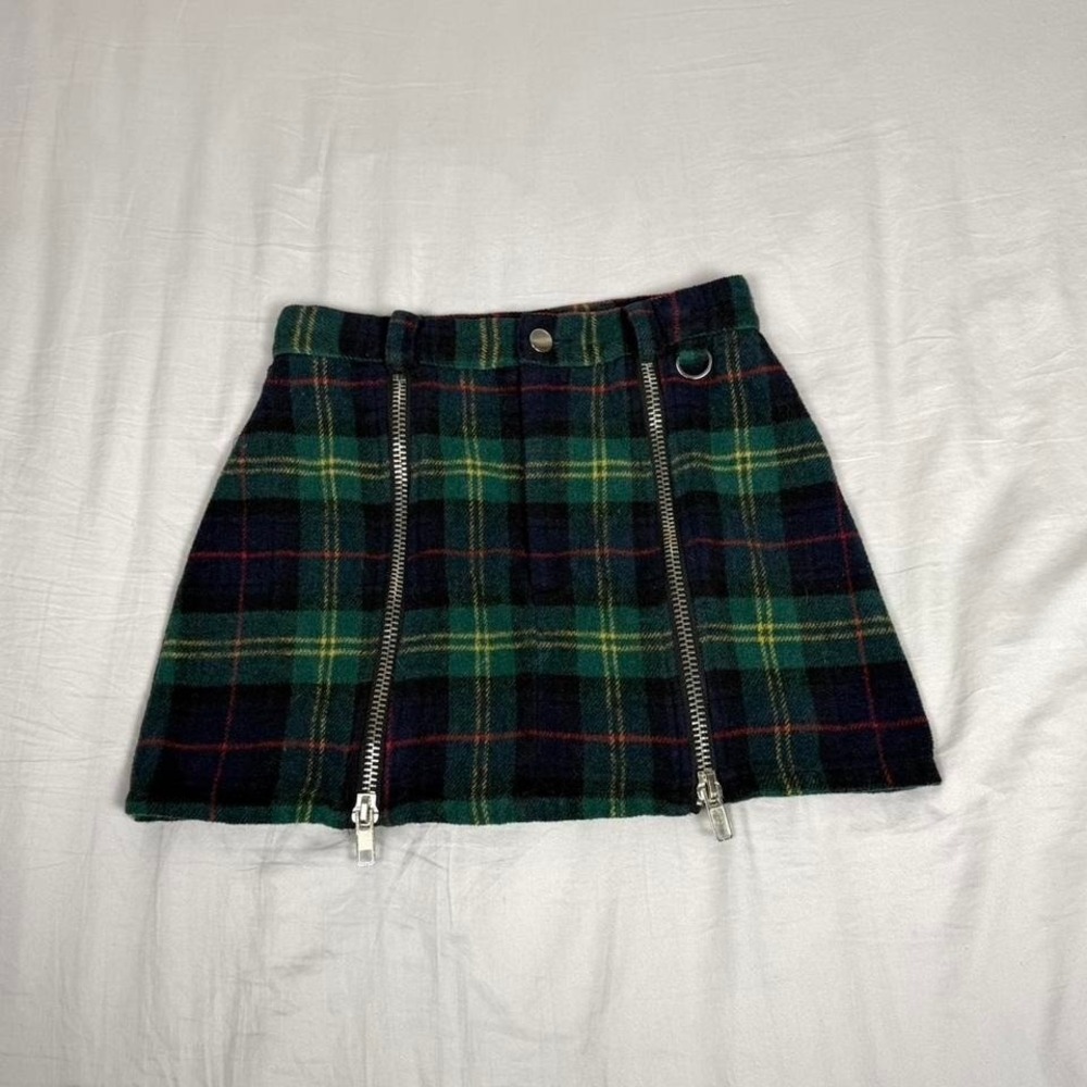 Tunnel Vision green plaid zipper mini skirt wool blend